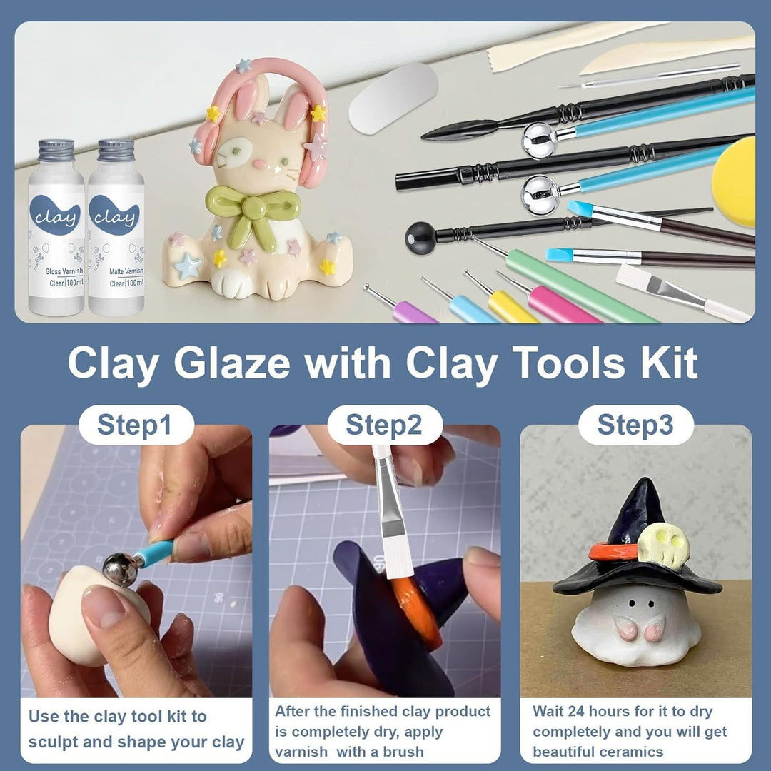 30Pcs lufttrocknendem Ton Glasur mit Ton Werkzeug Set, 2 x 100ml Clay Varnish für Hoher Glanz, Kratz