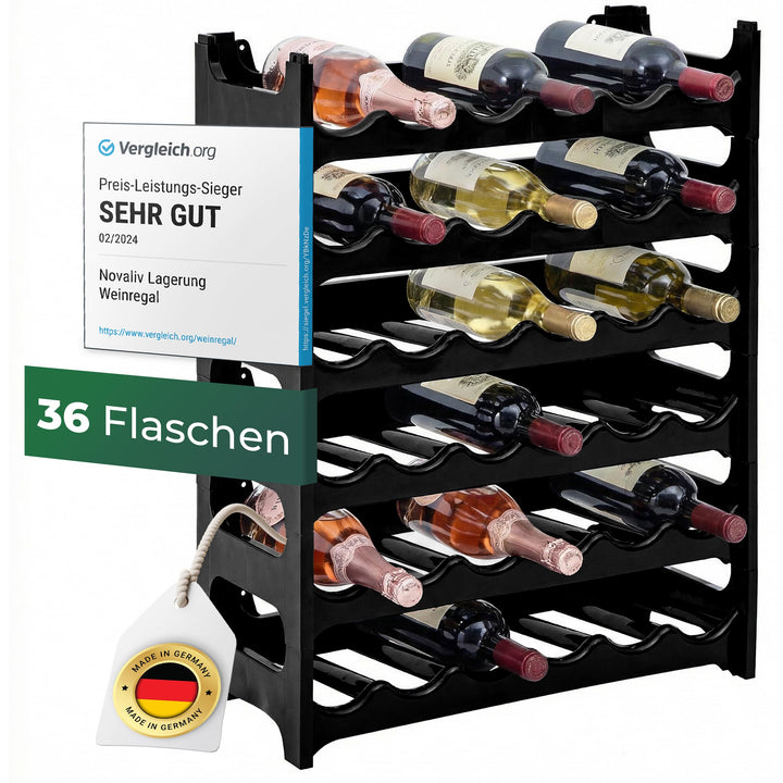 Novaliv Weinregal für 36 Flaschen | Flaschenregal schwarz | Regal stabilem Kunststoff (Schwarz, 6) 6