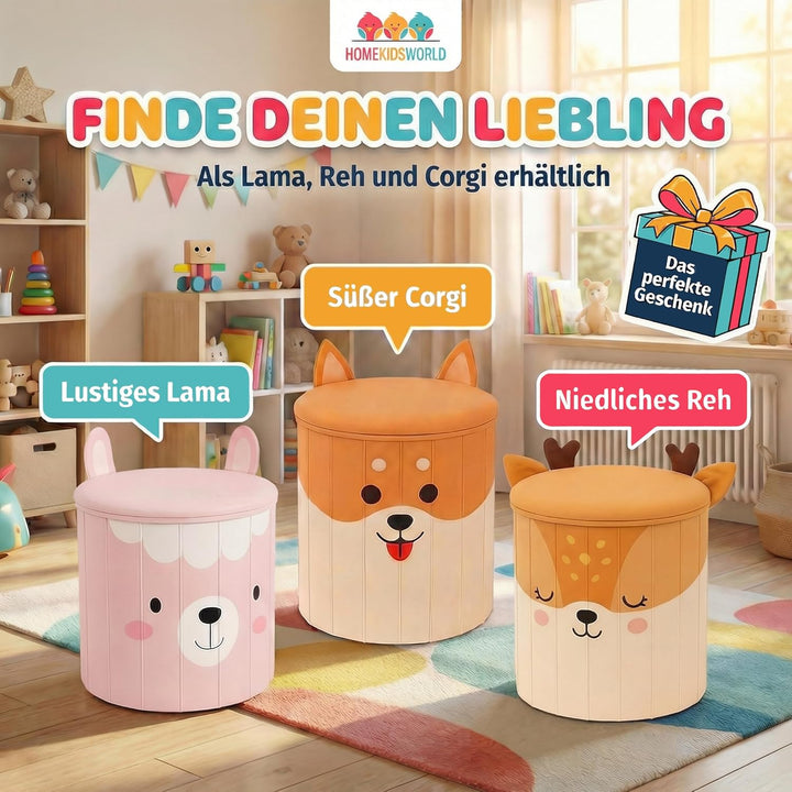 HomeKidsWorlds Kinderhocker Lama - Spielzeugkiste Kinderzimmer, Aufbewahrungsbox mit Deckel, Sitzbox