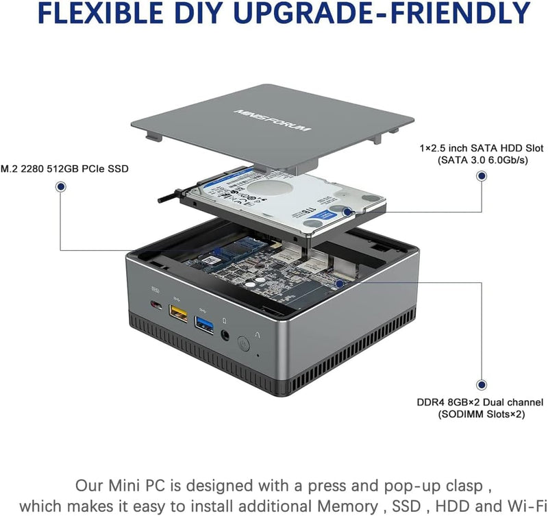 MINIS FORUM Mini PC UM700,AMD Ryzen 7 3750H 4-Kern-CPU 16 GB DDR4/512 GB SSD Mini Desktop Computer,H