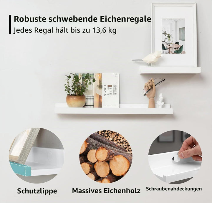 Wandregal Weiss, 100CM Bilderleiste Weiss massives Eichenholz Regal weiss Schweberegal für Fotorahme