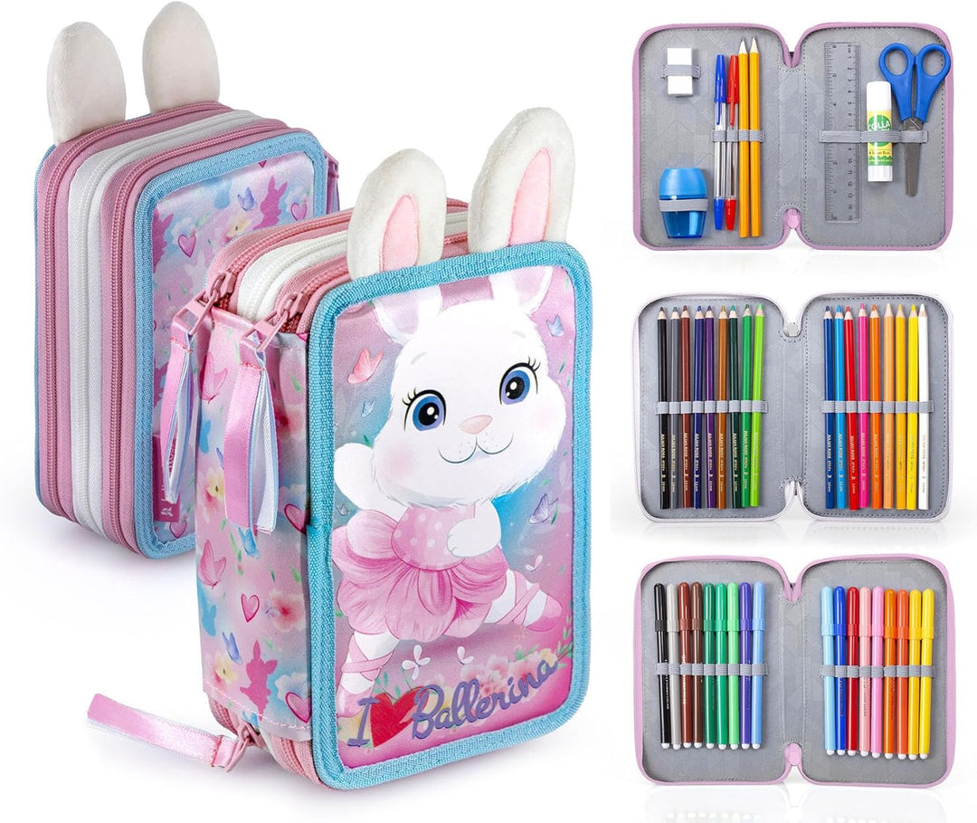 Julian Ross Ballerina Bunny Federmäppchen Kinder, 3 Organisierte Fächer, Federtasche Junge Gefüllt,