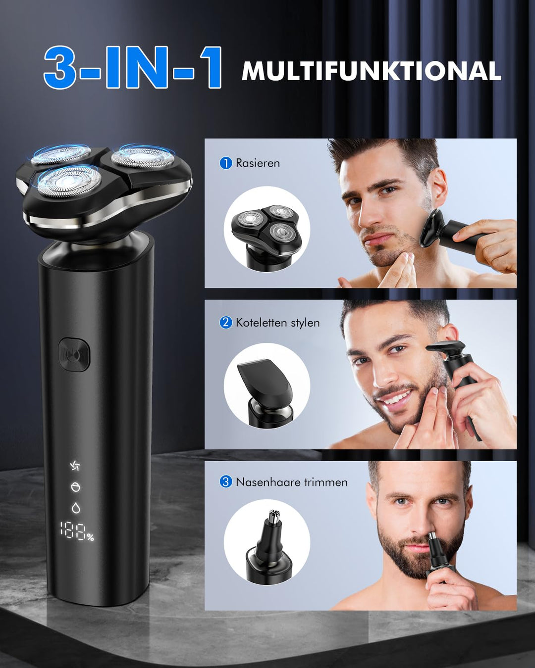 Rasierer Herren Elektrisch, ETROBOT 3-in-1Elektrorasierer Herren, IPX7 Wasserdicht Nass und Trockenr