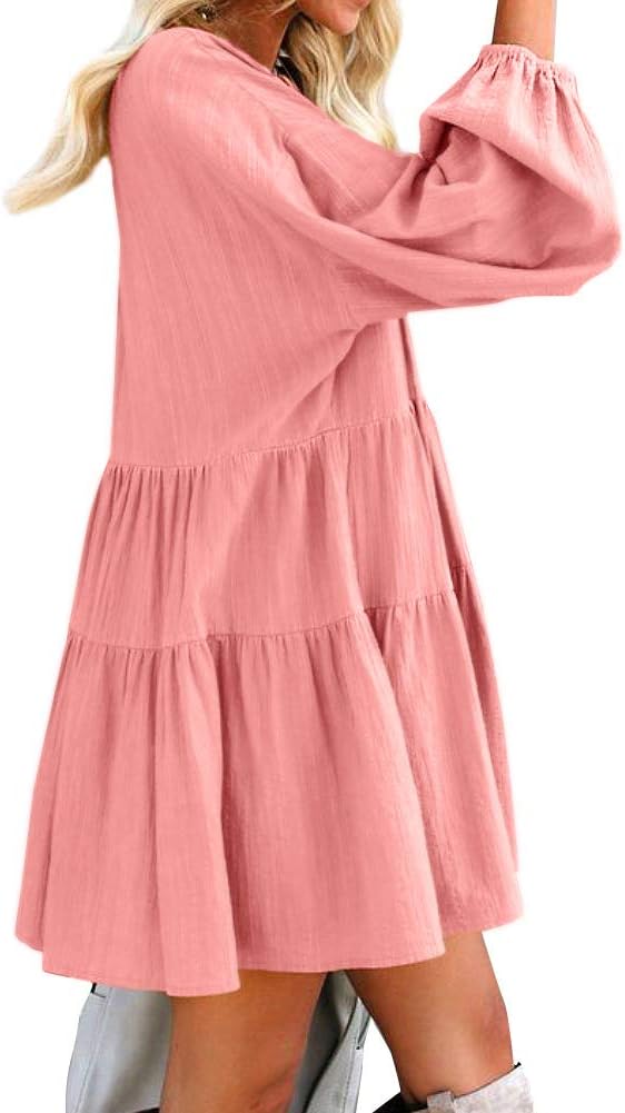 FANCYINN Damen Cute Shift Kleid mit Taschen Glockenärmel Rüschen Saum V Ausschnitt Lose Swing Tunika