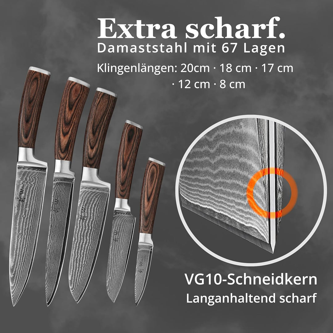 Wakoli 5er Damastmesser-Set mit Klingenlängen von 8,50cm bis 20,00cm, extrem scharf aus 67 Lagen I a