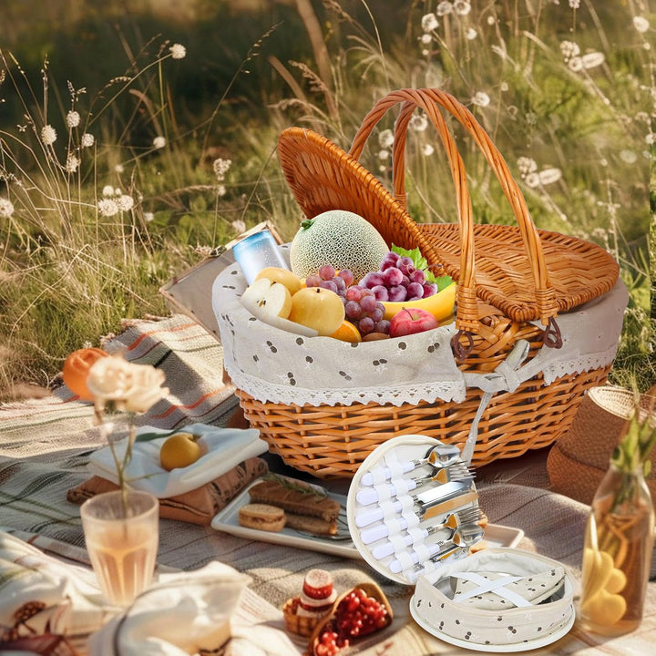 Picknickkorb-Set aus Weide für 4 Personen mit Deckel und Griff. Picknickkorb mit waschbarem Futter u