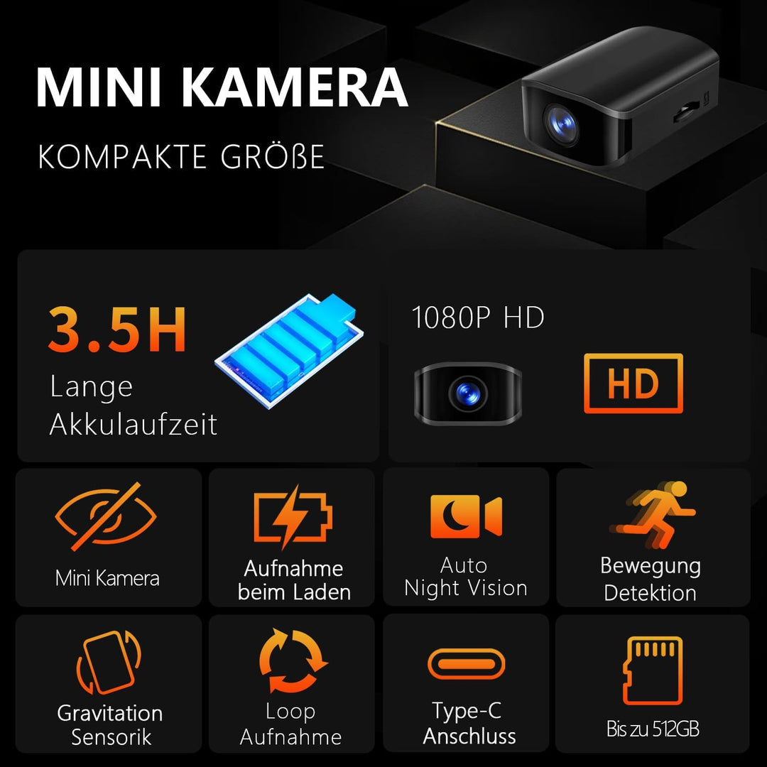 Mini Kamera - 1080P HD - Mini-Kamera - Überwachungskamera - Kamera Überwachung Aussen Innen - Bewegu