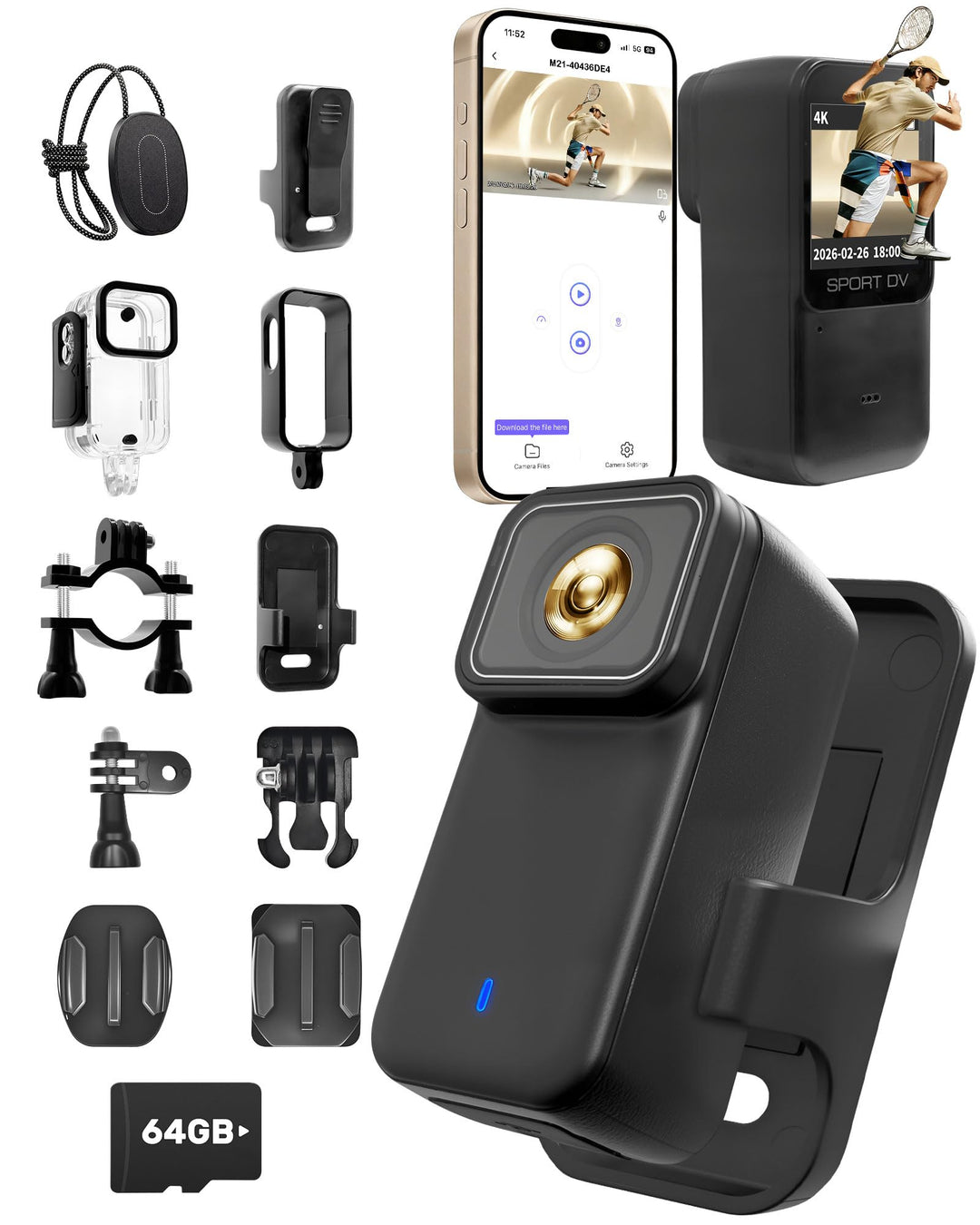 Action Camera 4K WiFi mit 64GB TF-Karte, POV Kamera mit Magnetischem Rückdeckel, Bodycam Körperkamer