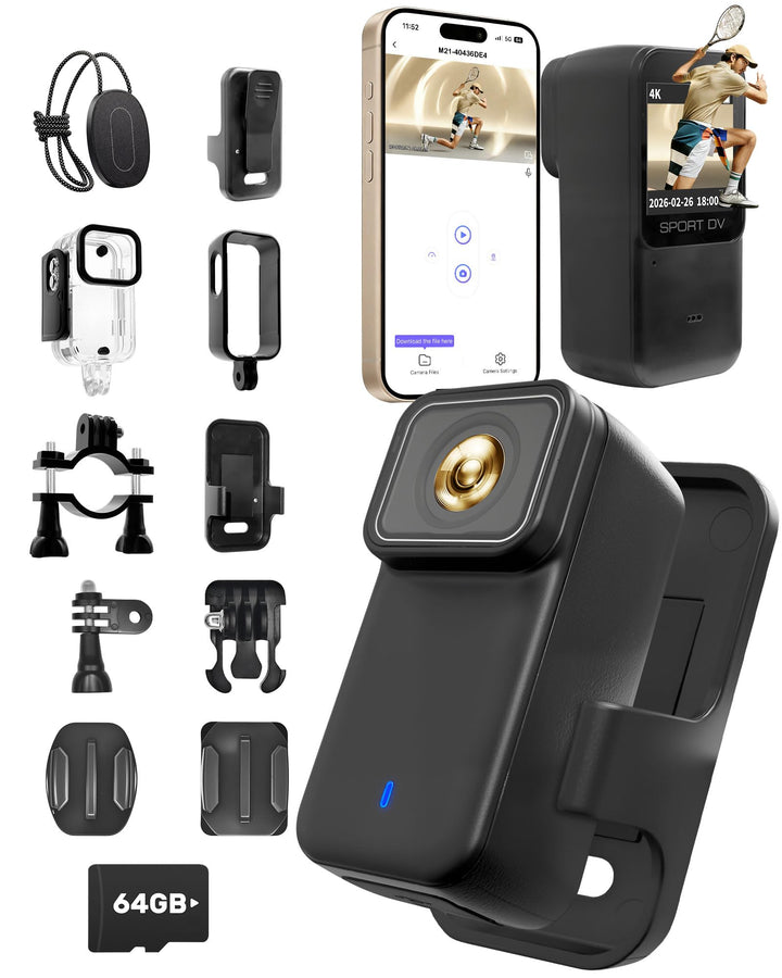 Action Camera 4K WiFi mit 64GB TF-Karte, POV Kamera mit Magnetischem Rückdeckel, Bodycam Körperkamer