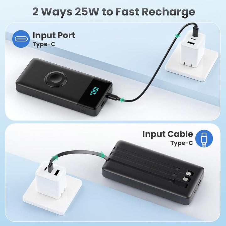 Powerbank 10800mAh mit Kabel Integrierten & Ladegerät für Apple Watch, 6-in-1 Power Bank PD 25W+QC4.