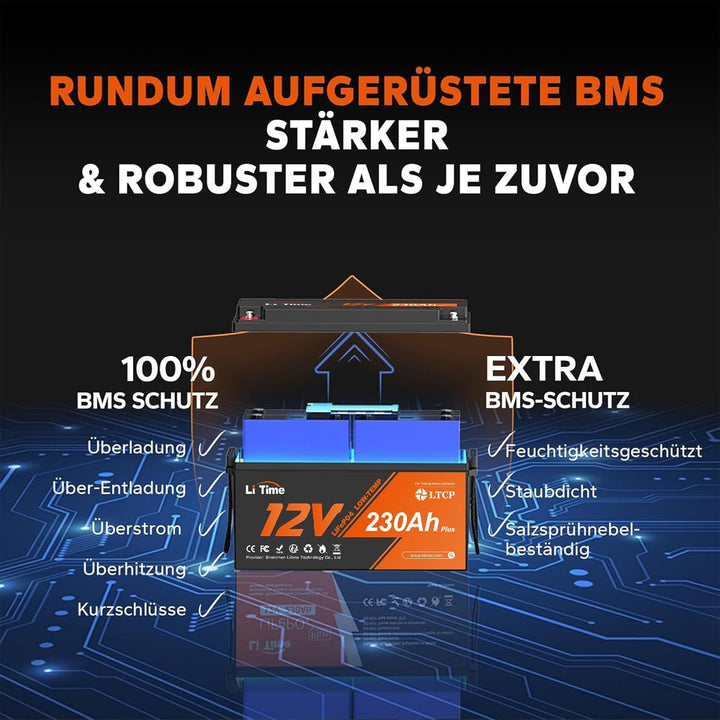 Litime 12V 230Ah Plus Low-Temp-Schutz LiFePO4 Batterie Eingebautes 200A BMS, Max 2944Wh Energie, Lit