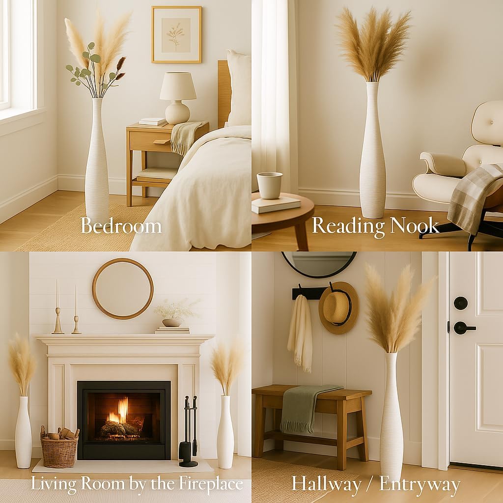 Leewadee Grosse Bodenvase für Dekozweige hohe Standvase Design Holzvase, Holz, 70 cm, Weiss 70 cm We
