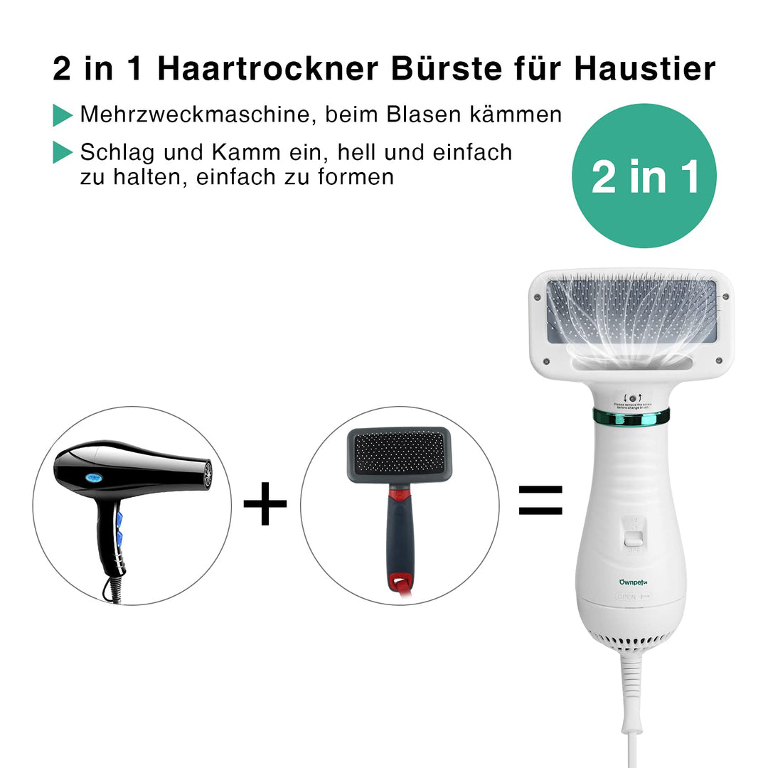 Ownpets Hundefön mit Fellkamm, 2 in 1 Haustier Haartrockner Bürste, Hundetrockner, Temperatur einste