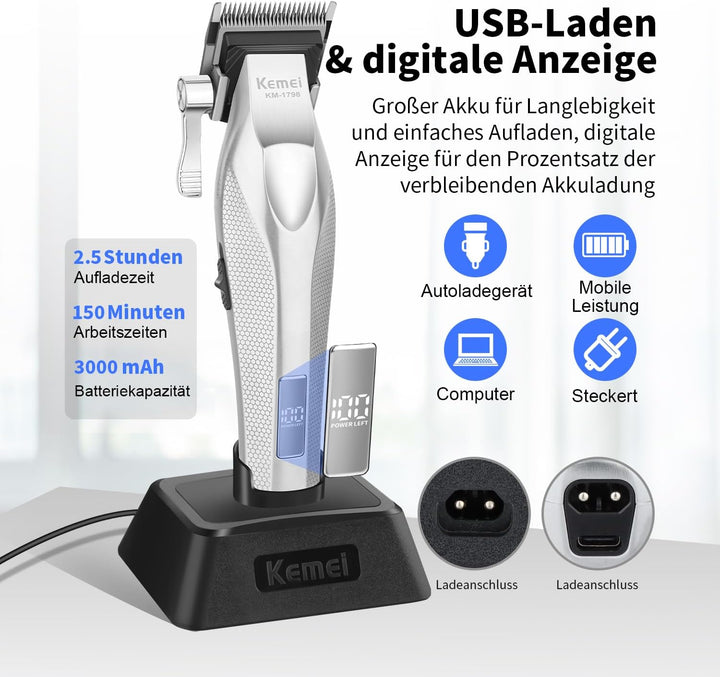 KEMEI KM-1798 Professionelle Haarschneidemaschine für Männer, Schnurloser Bartschneider, Barber Clip