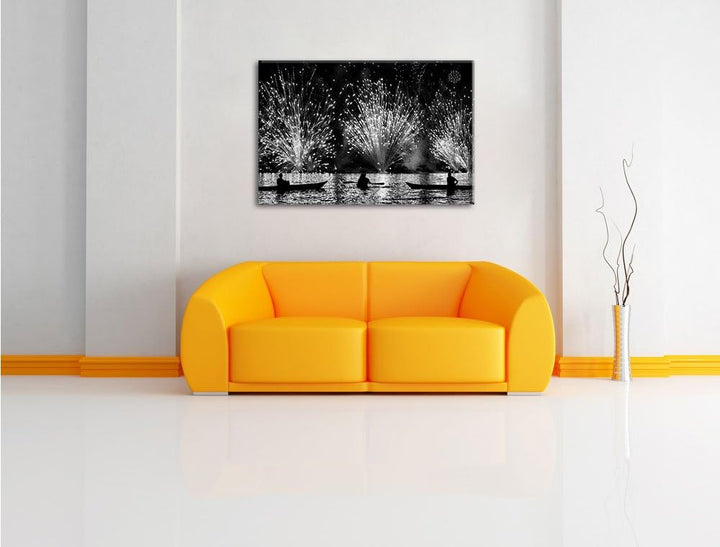 Pixxprint Feuerwerk auf dem Wasser / 100x70cm Leinwandbild bespannt auf Holzrahmen/Wandbild Kunstdru