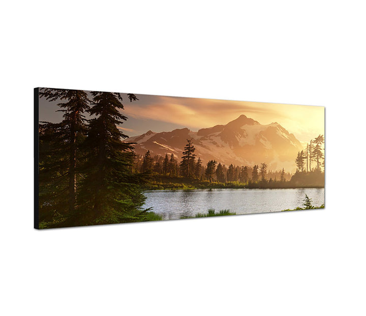 Augenblicke Wandbilder Leinwandbild als Panorama in 150x50cm Berge Schnee Waldsee Bäume Natur