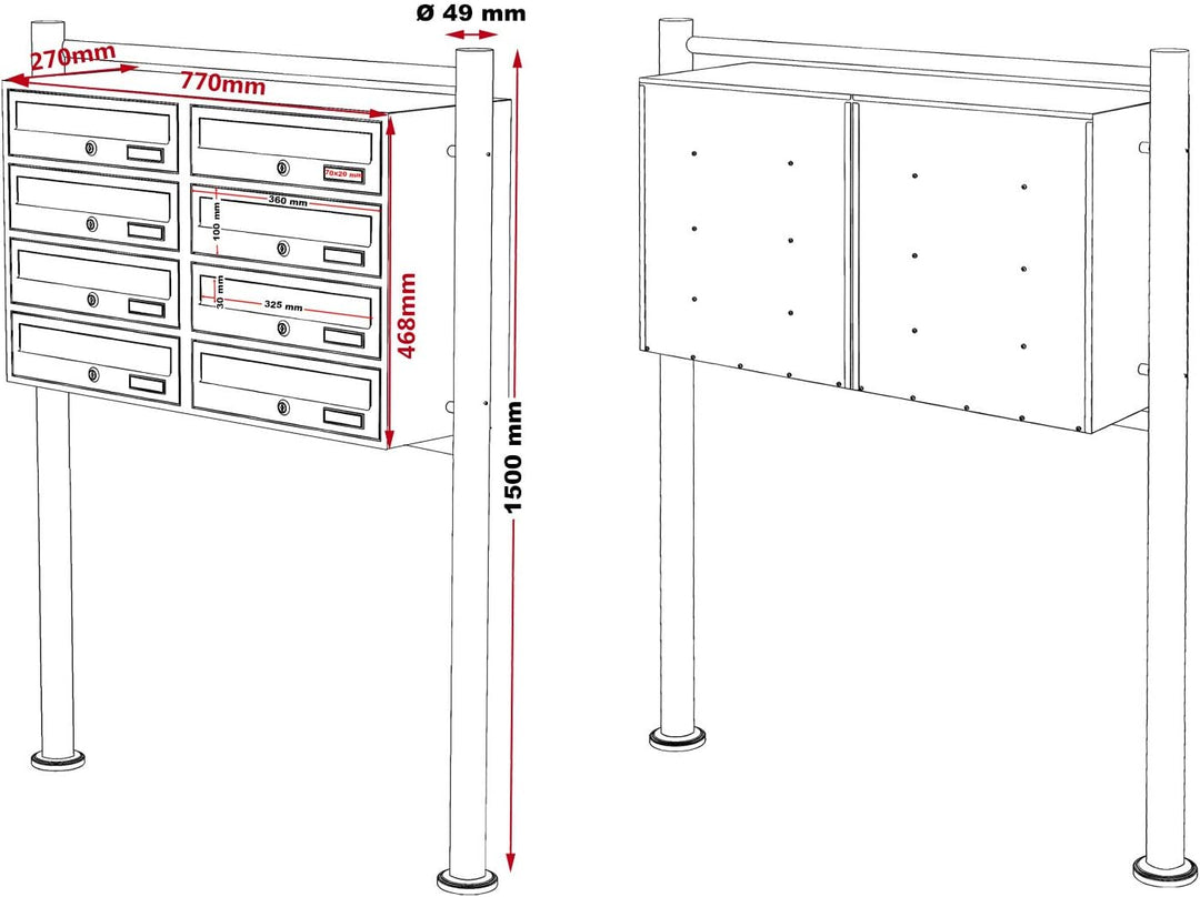 Wiltec 8er Briefkastenanlage Anthrazit 898 x 270 x 1500 mm, Standbriefkasten mit 2x4 Fächern, Schlüs