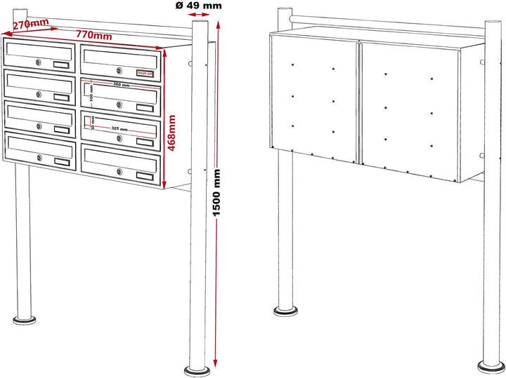 Wiltec 8er Briefkastenanlage Anthrazit 898 x 270 x 1500 mm, Standbriefkasten mit 2x4 Fächern, Schlüs