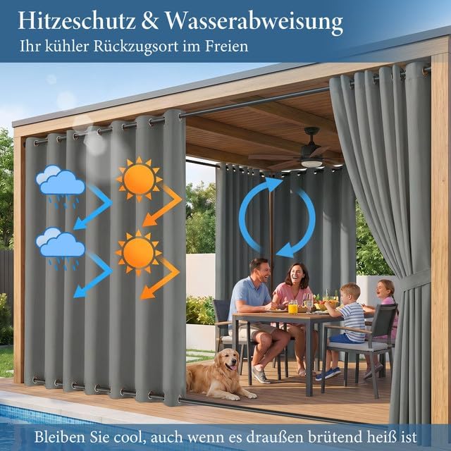 Rosnek Outdoor Vorhang Wetterfest Winddicht, Extra Breit Blickdicht Vorhänge mit Ösen Oben &amp; Unten,