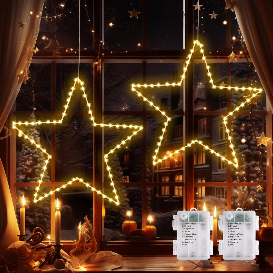 2 Stück LED Weihnachtsstern Beleuchtung, faltbar XXL 50cm Weihnachtsfenster Stern mit 70 warmweissen