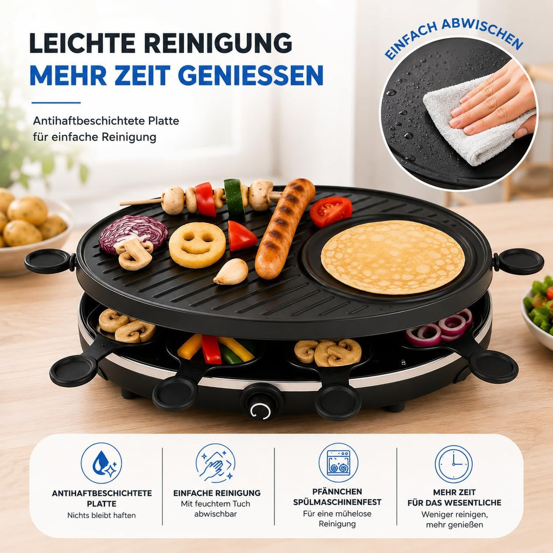 Raclette Set für 8 Personen - Grill oval - Mit Crepes Funktion - Tischgrill inkl. Pfännchen &amp; Schabe