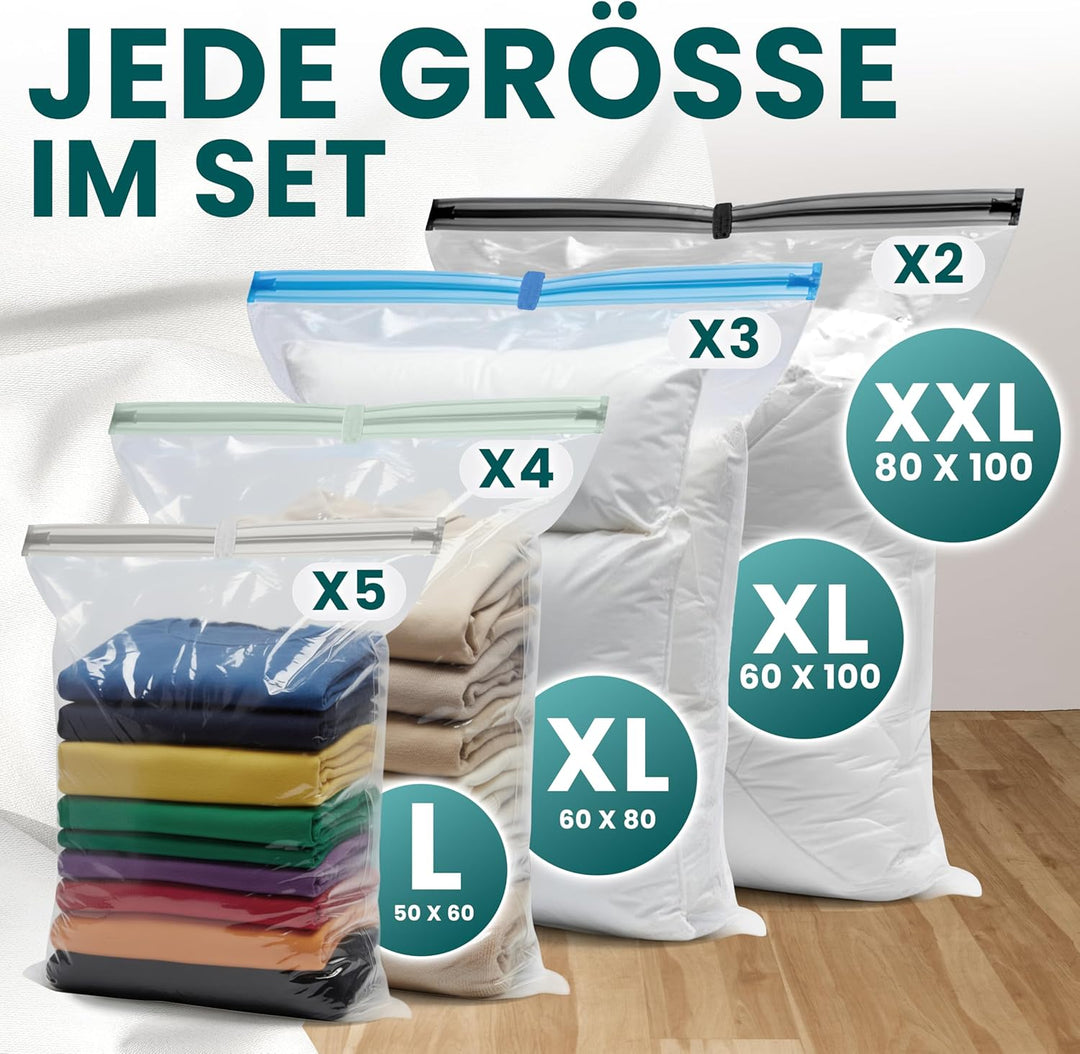 myHodo Vakuumbeutel 14er Set, 2 XXL (80x100cm), 3 XL (60x100cm), 4 XL (60x80cm), 5 L (50x60cm) – Pla