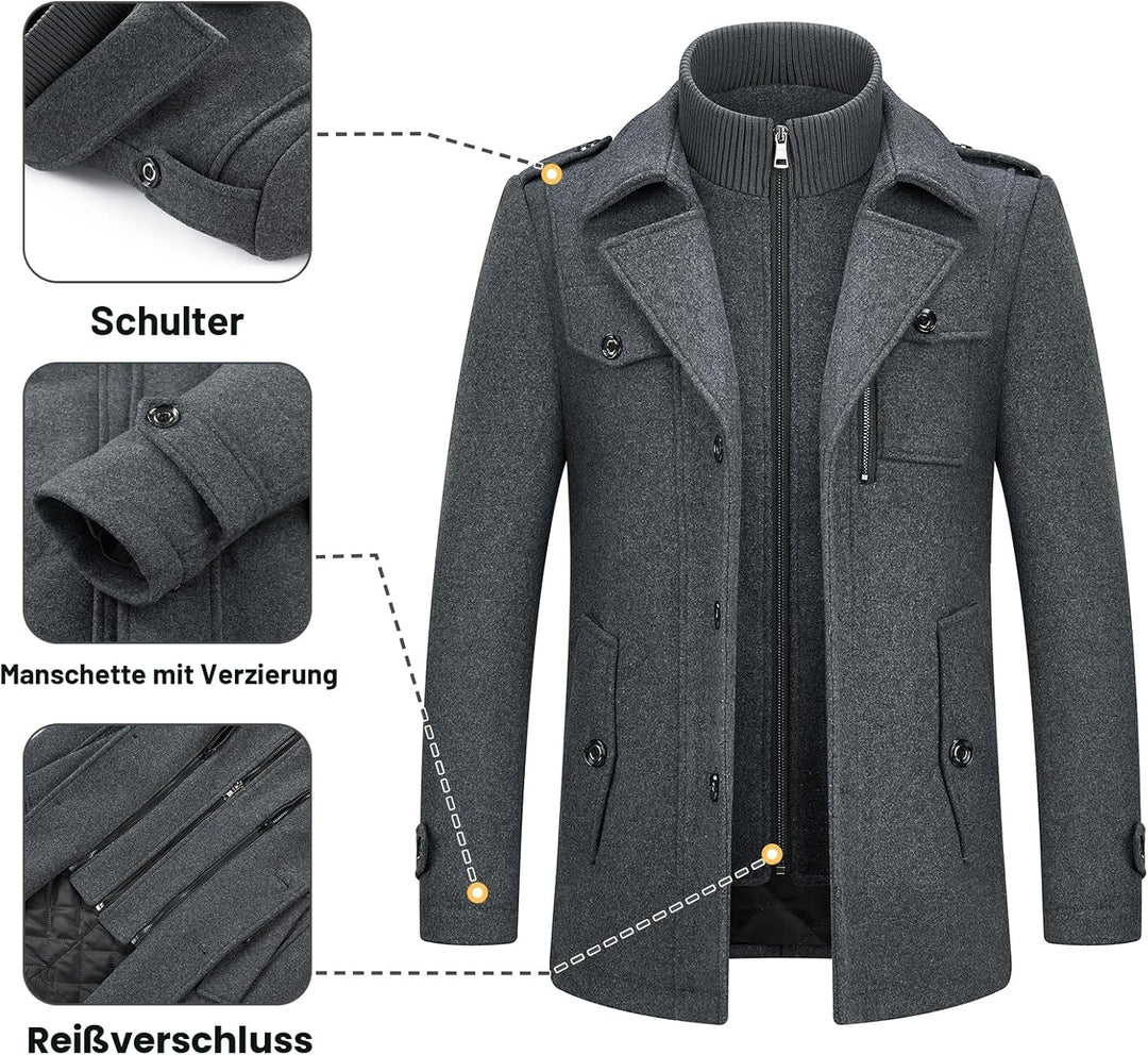 KUDORO Herren Wintermantel Wolle Kurzmantel Herren Wollmantel Mittellang Slim Fit für Business Freiz
