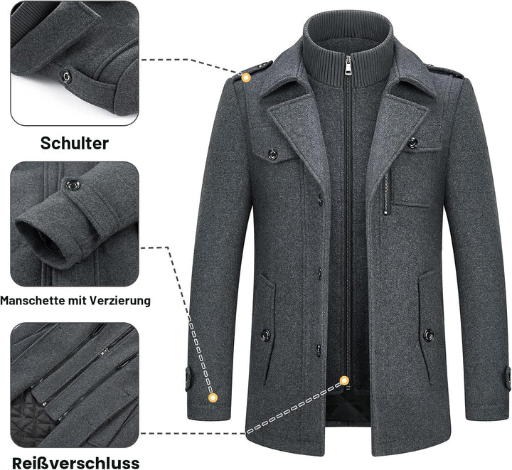 KUDORO Herren Wintermantel Wolle Kurzmantel Herren Wollmantel Mittellang Slim Fit für Business Freiz