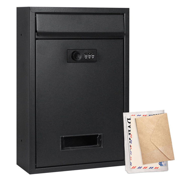 Briefkasten Schwarz mit Zahlenschloss, Wetterfester Wandbriefkasten aus Stahl, Postkasten Regenabwei