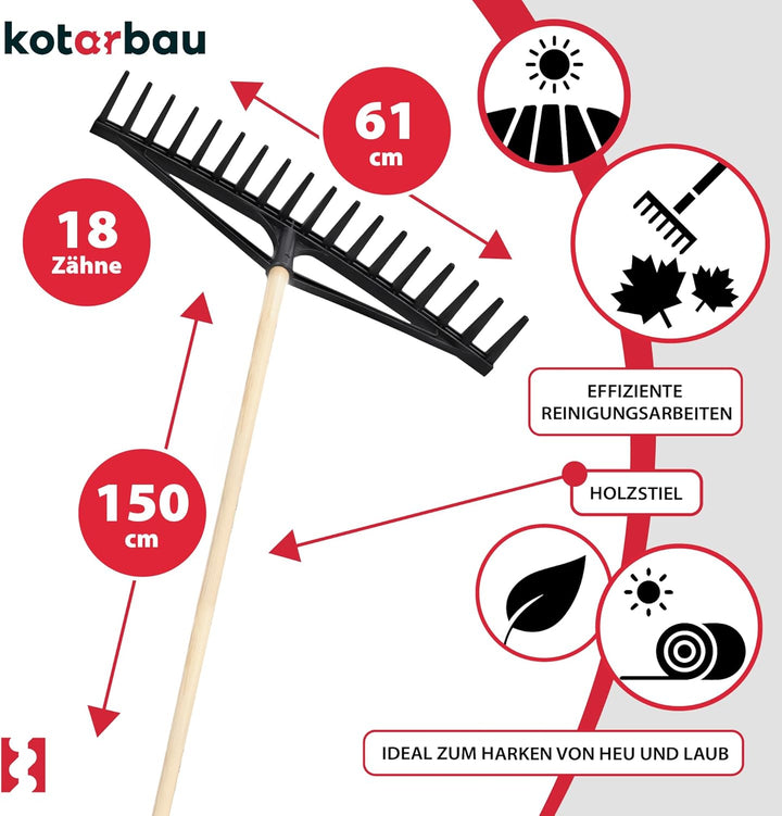 KOTARBAU® Heurechen - 61 cm - mit Holzstiel 1,52 m - Laubrechen Kunststoff - Rechen für Garten - Lau