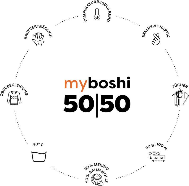 myboshi 50/50-Ganzjahres-Wolle, inkl. original myboshi Label in Lederoptik, für Oberbekleidung geeig