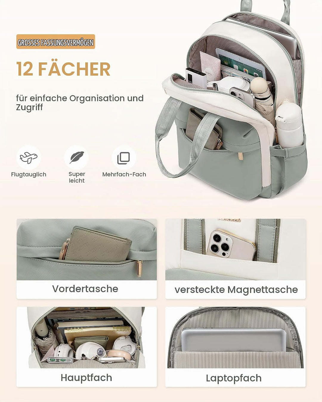 LOVEVOOK Rucksack Damen Gross, 17,3 Zoll Laptop Schultasche Mädchen mit Laptopfach, Wasserdicht Reis