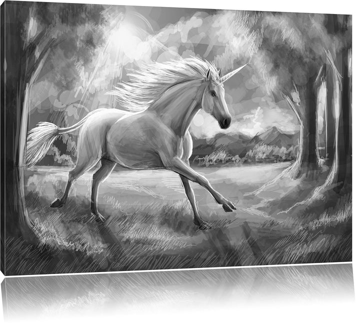 Pixxprint Einhorn im Wald B&W / 100x70cm Leinwandbild bespannt auf Holzrahmen/Wandbild Kunstdruck De