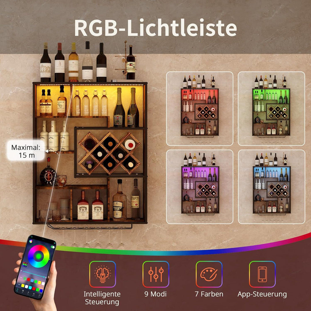 YOURLITE Weinregal Wand mit LED-Beleuchtung Metall,Bar Regal mit Glashalter,Wandmontage Wine Display