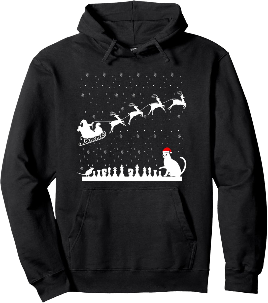 Silhouette Kitty and Mouse Playing Chess Santa Schleigh Xmas Pullover Hoodie