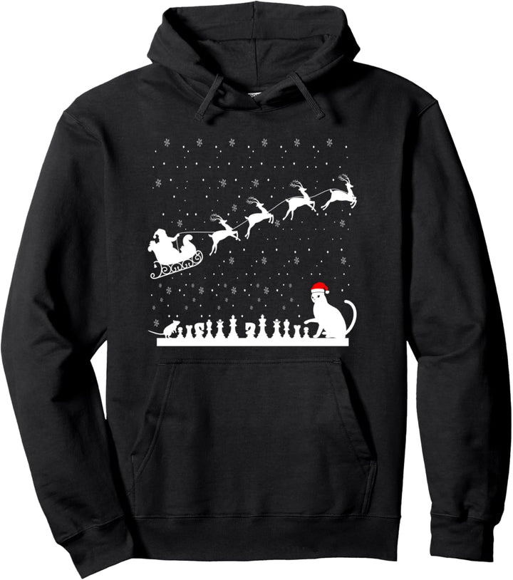 Silhouette Kitty and Mouse Playing Chess Santa Schleigh Xmas Pullover Hoodie