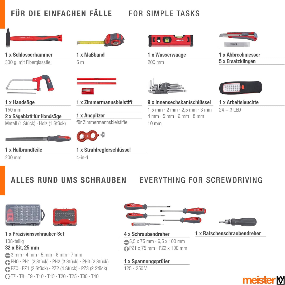 Meister Werkzeugtrolley 230-teilig - Werkzeug-Set - Mit Rollen - Teleskophandgriff/Profi Werkzeugkof