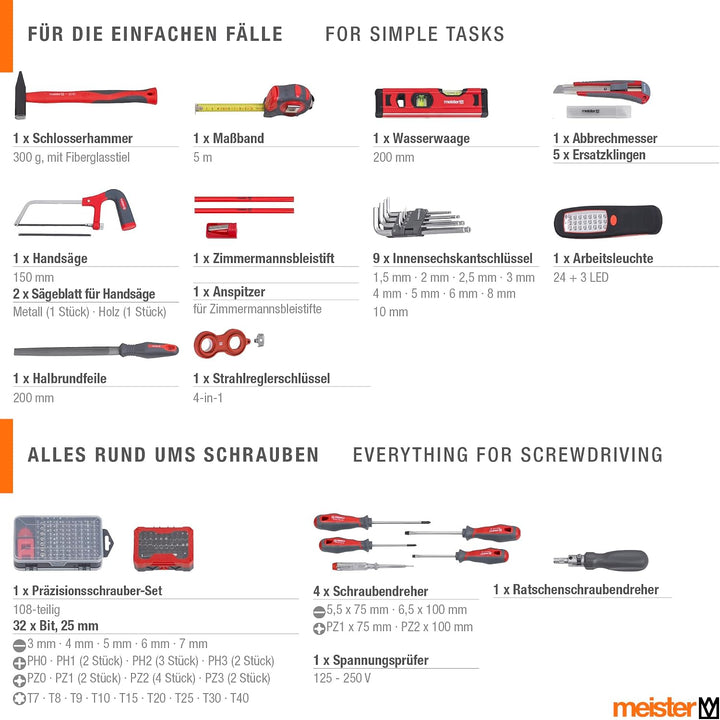Meister Werkzeugtrolley 230-teilig - Werkzeug-Set - Mit Rollen - Teleskophandgriff/Profi Werkzeugkof