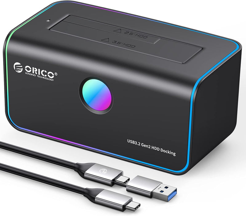 ORICO RGB Festplatten Dockingstation, USB 3.2 Gen 2 Zu SATA Festplattengehäuse für 2,5/3,5 Zoll SSD/