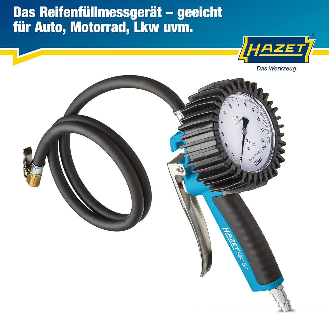 HAZET Reifenfüller 9041G-1, Geeicht, optimal ablesbar, Manometer-Messbereich: 0-10 bar, Schlauchläng