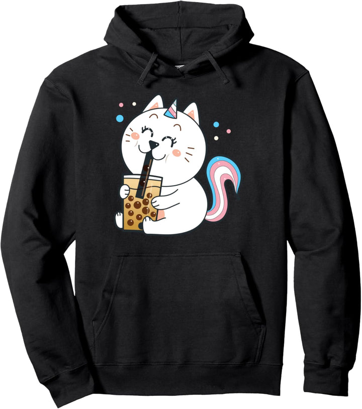 Trans Pride Cat Drinking Boba Tea Funny Bubble Tea Grafik Pullover Hoodie