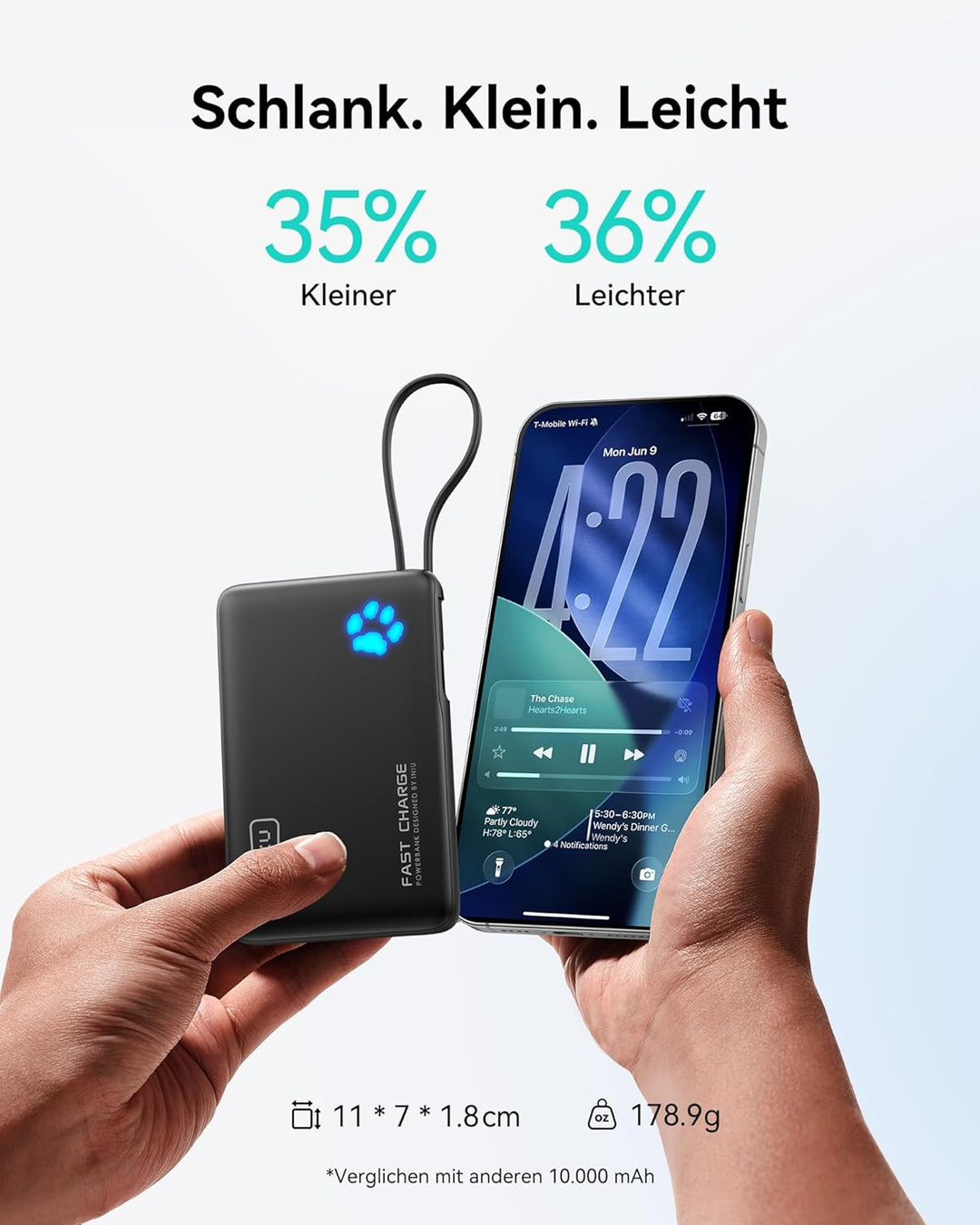 INIU 45W Power Bank, Mini-Grösse 10000mAh PowerBank mit Integriertem USB-C Kabel, Schnellladen Exter