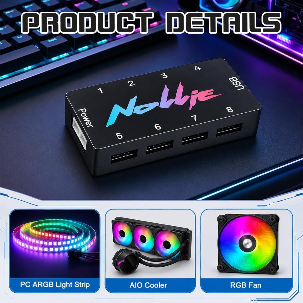 ARGB Controller, ZMCVOE 8-Port RGB Controller PC mit 2 SATA Kabel, 5V 3PIN PC-Beleuchtungs-Hub, ARGB