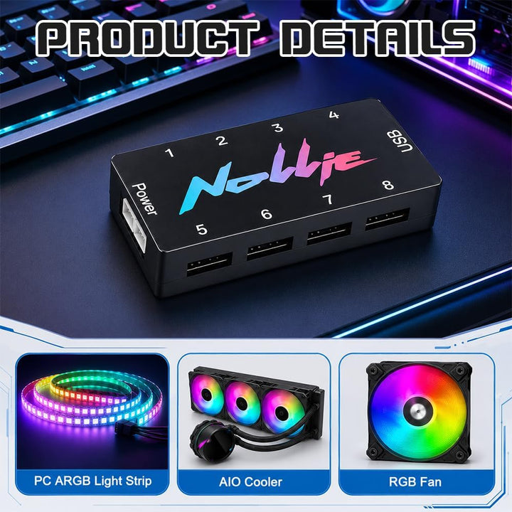 ARGB Controller, ZMCVOE 8-Port RGB Controller PC mit 2 SATA Kabel, 5V 3PIN PC-Beleuchtungs-Hub, ARGB