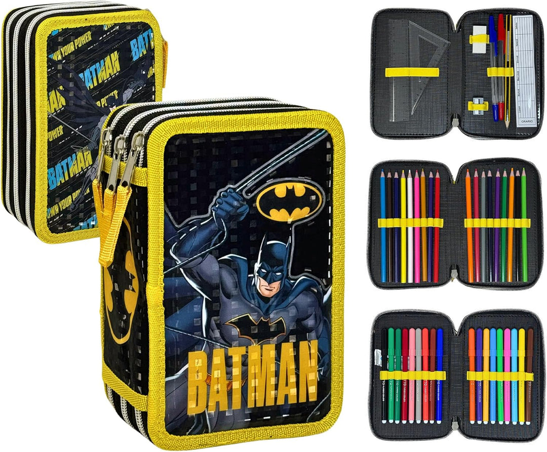 3-Fach Federmäppchen Gefüllt Jungen (6-10 Jahre) für Batman Fan – 3D-Effekt Federtasche Schule (44 T