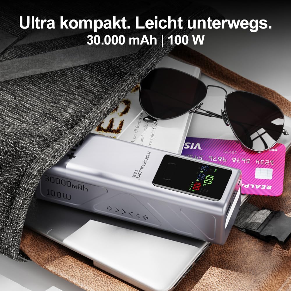 Powerbank 30000mAh – 100W Schnellladefunktion, 3 Ausgänge (2× USB-C & 1× USB-A), LED-Display – Für S
