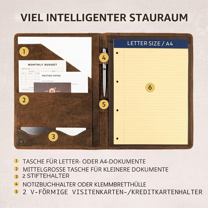 Moonster Professional Portfolio aus Leder Dokumentenmappe A4 - Schreibmappe A4 Format mit Luxus Stif