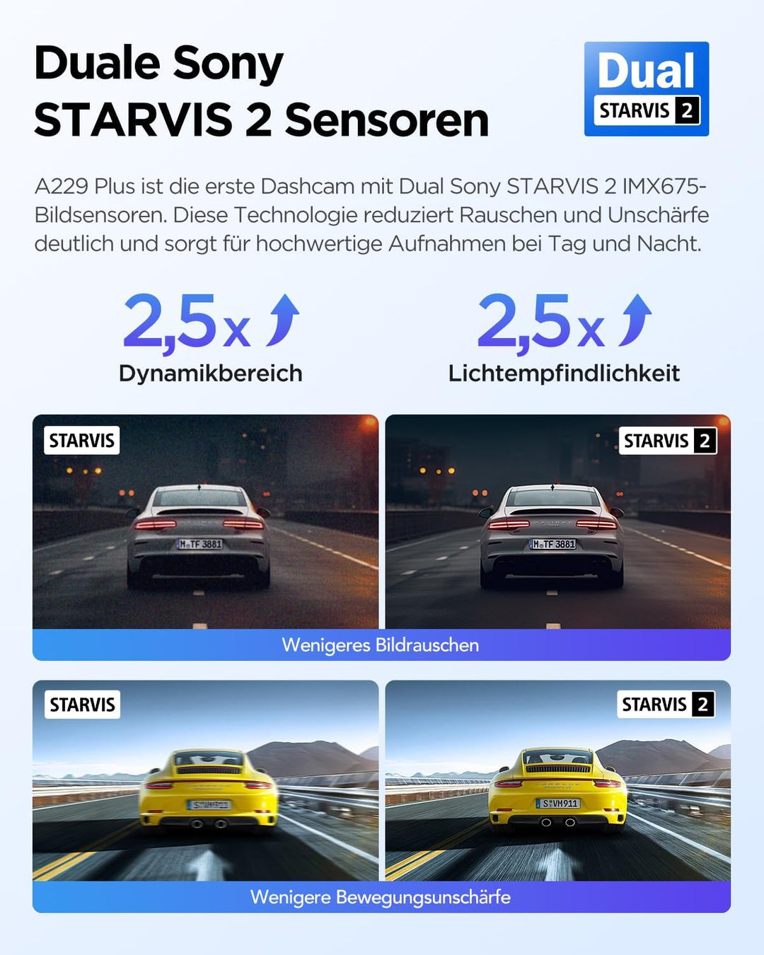 VIOFO A229 Plus 2K + 2K Dual STARVIS 2, HDR Vorne hinten Dashcam Auto, Sprachsteurung & 5GHz Wi-Fi W