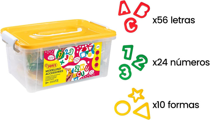 Jovi Truhe mit Buchstaben, Zahlen und geometrischen Formen, mehrfarbig, 96 Stück