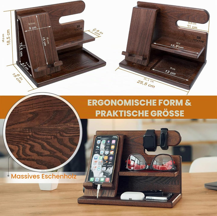 TESLYAR Holz Handyhalter & Dockingstation - Organizer für Brieftasche Schlüssel & Uhr Valentinstag G